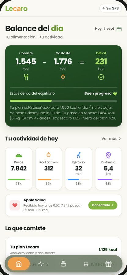 App Lecaro: balance del día con calorías consumidas y gastadas, conectado con Apple Salud