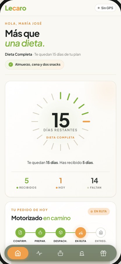 App Lecaro: inicio con días restantes y estado del pedido