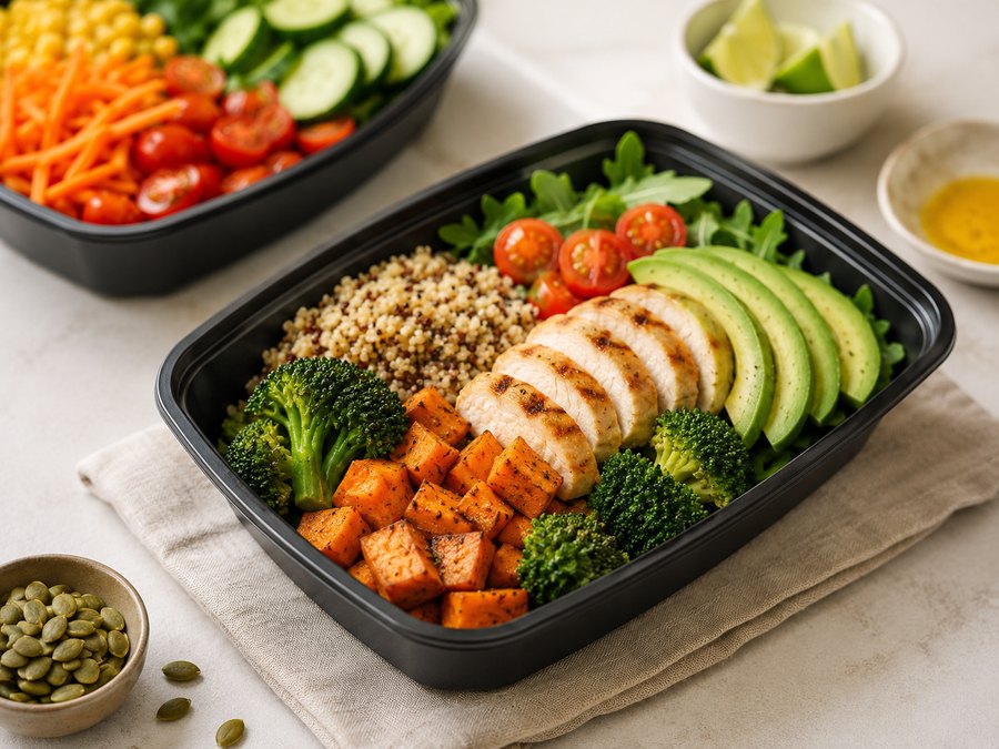 Bandeja de comida médica lista para servir con pollo, quinua y vegetales frescos