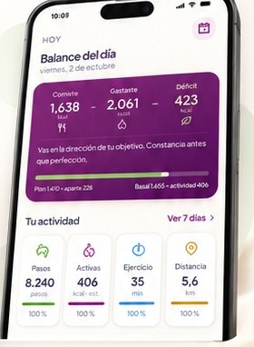 Pantalla Balance del día con calorías y actividad