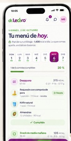 Pantalla Tu menú de hoy del plan personalizado