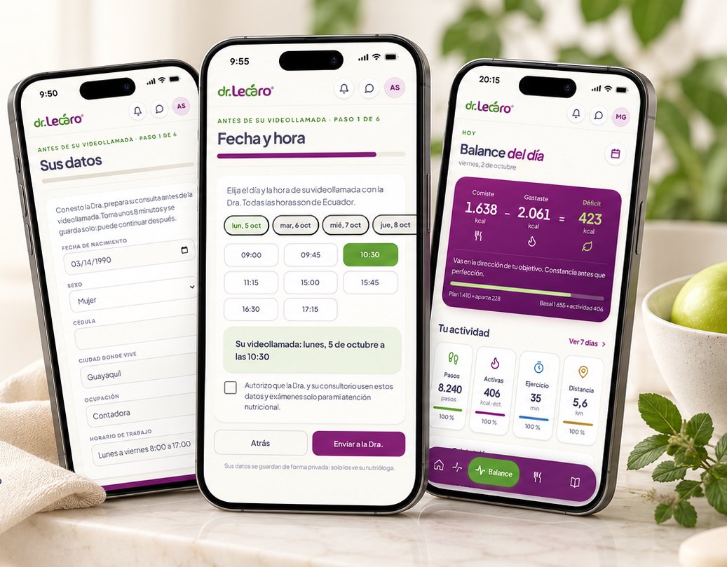 App Dr. Lecaro en tres teléfonos: formulario de datos, elección de fecha y hora de la videollamada y balance del día