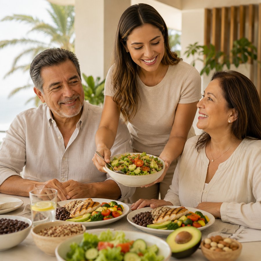 Hija sirviendo una ensalada a sus padres durante un almuerzo en familia