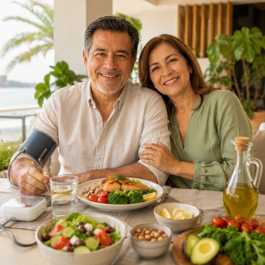 Pareja almorzando salmón con vegetales mientras él se toma la presión arterial en casa