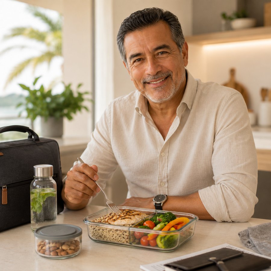 Hombre almorzando en su oficina un recipiente con pollo, granos y vegetales que llegó listo