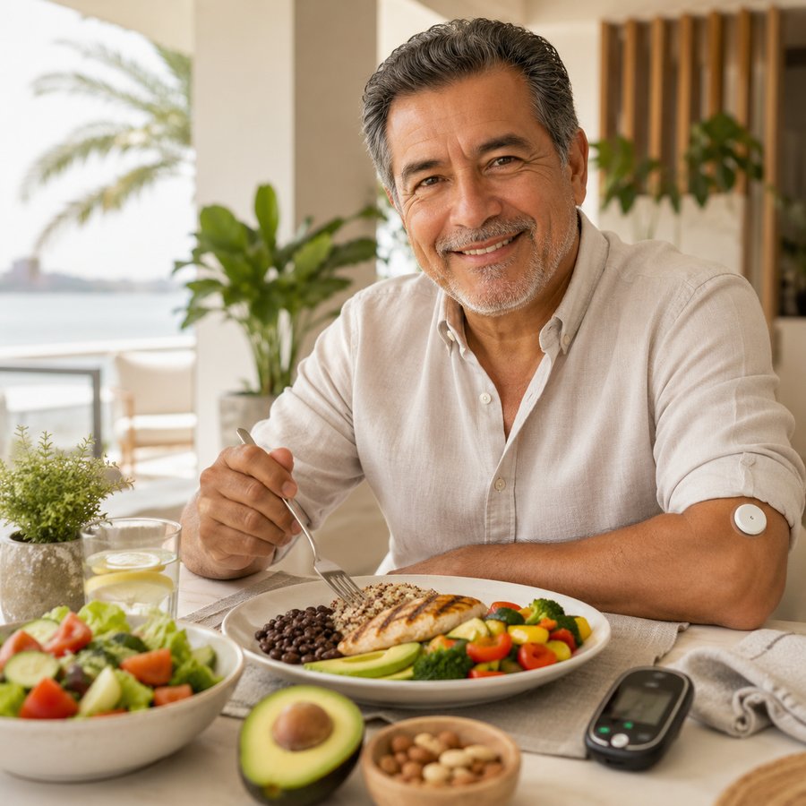 Hombre con sensor de glucosa en el brazo almorzando pollo, granos, frijoles y vegetales, con su glucómetro sobre la mesa