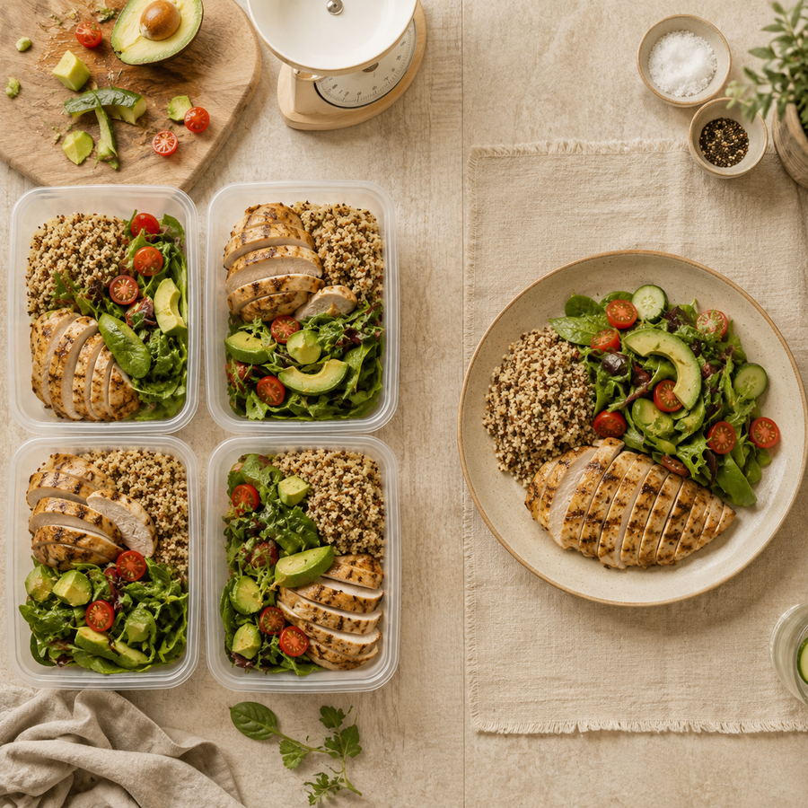 Mesa con varios recipientes de meal prep casero a un lado y un plato servido listo para comer al otro