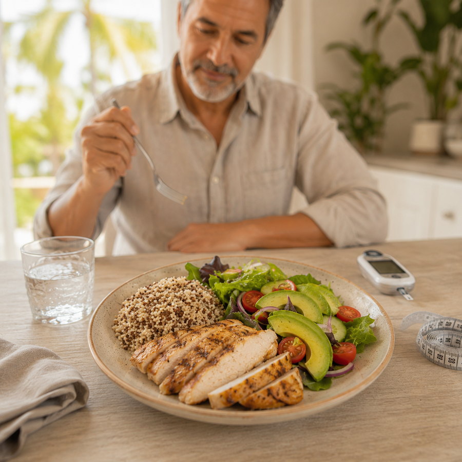 Plato con proteína, abundantes vegetales y una porción medida de quinua junto a un glucómetro sobre la mesa