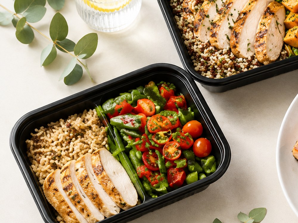 Bandejas de comida médica con pollo, granos integrales y vegetales frescos