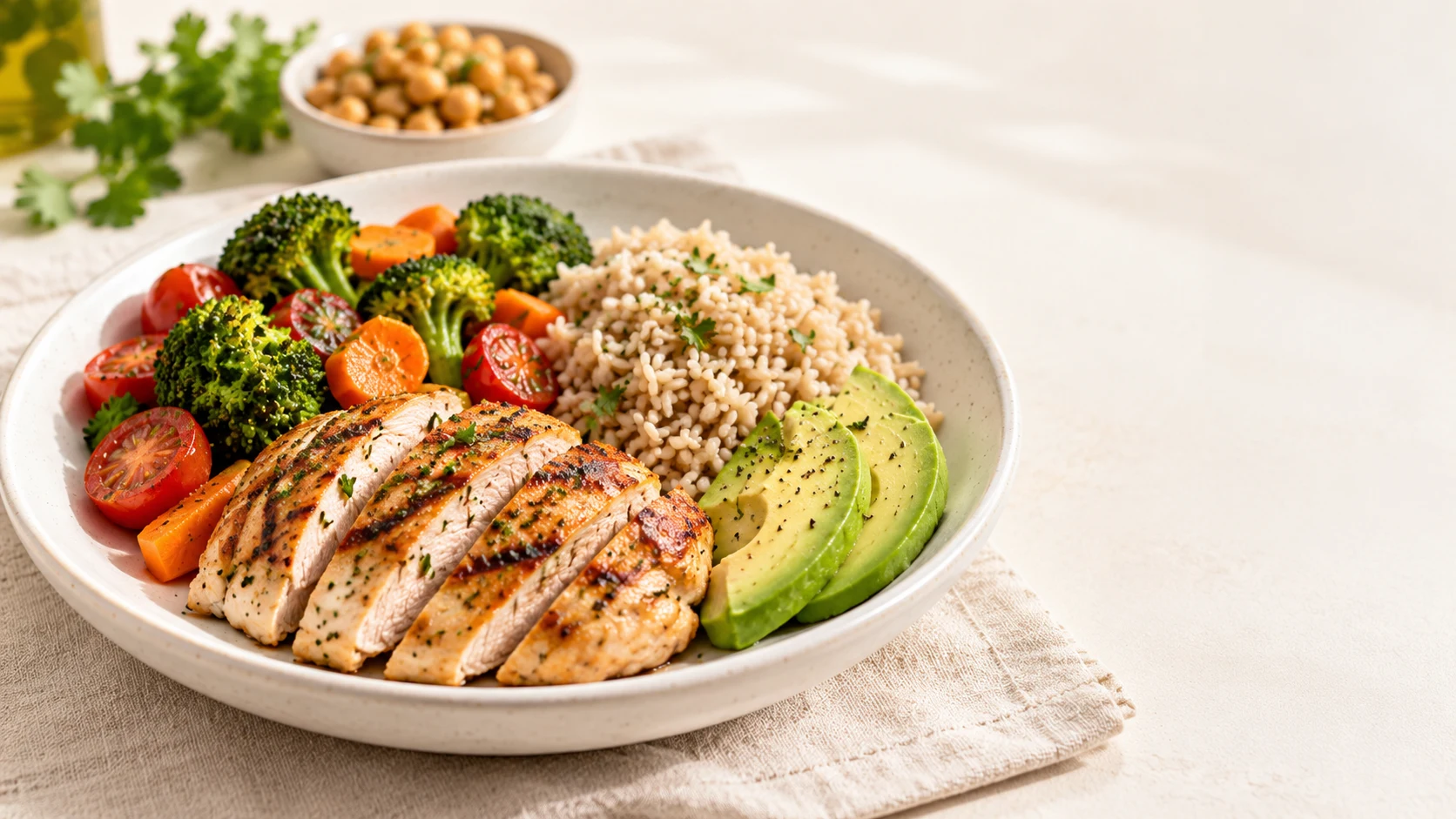 Pollo a la plancha con arroz integral, brócoli, zanahoria, tomate y aguacate
