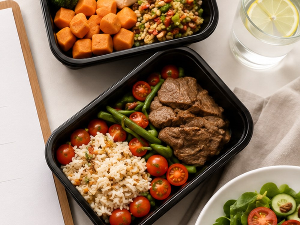 Bandejas de comida médica con pollo y res, vegetales frescos y granos