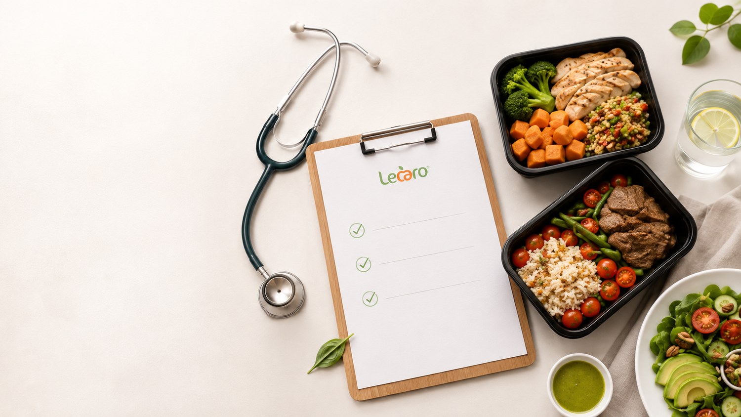 Plan nutricional personalizado con estetoscopio y bandejas de comida médica preparada
