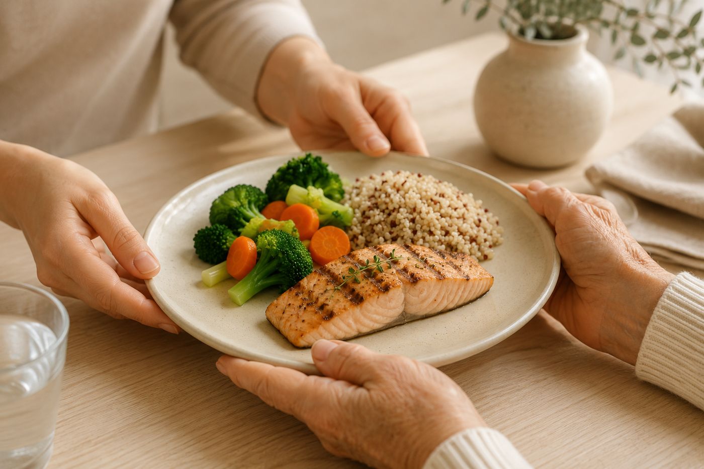 Familiar entregando a un adulto mayor un plato con pescado a la plancha, quinoa y vegetales, ejemplo de comida preparada para el cuidado de los padres