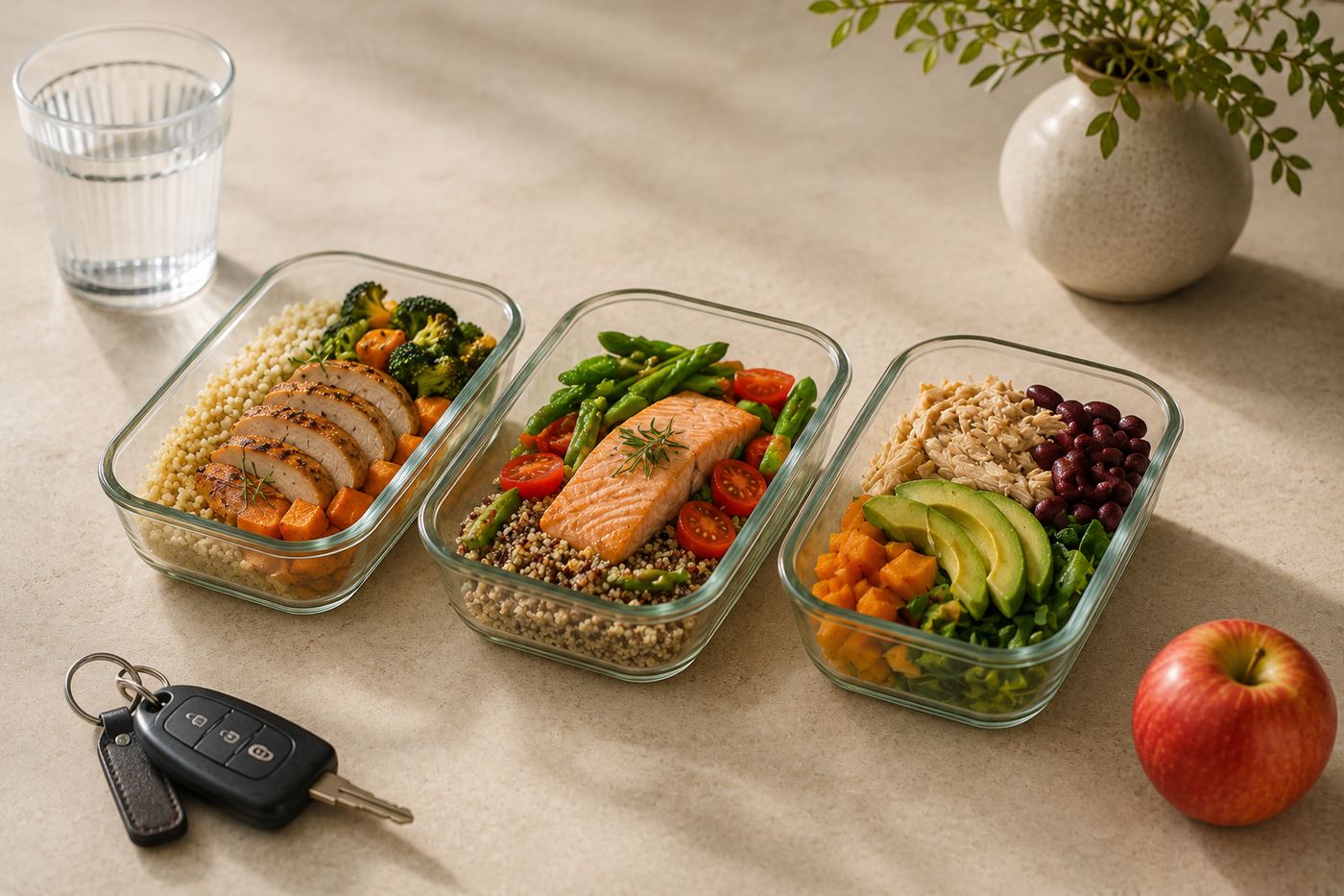 Tres recipientes de vidrio con comidas saludables preparadas listas para llevar: pollo con vegetales, pescado con espárragos y bowl de proteína con aguacate