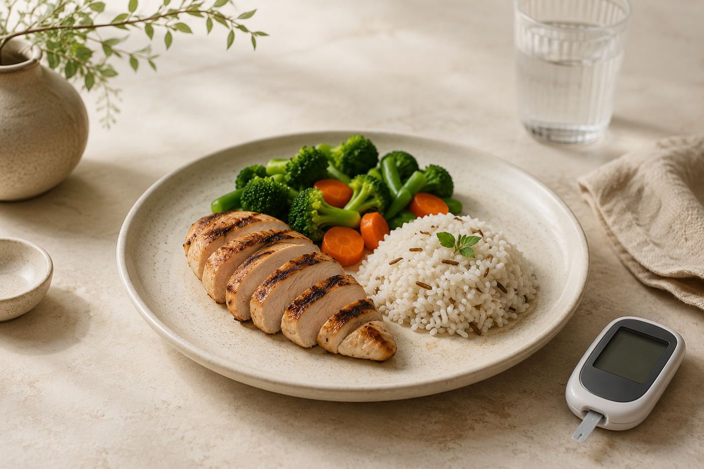 Plato de pollo a la plancha con arroz y vegetales al vapor junto a un glucómetro, ejemplo de comida para diabéticos