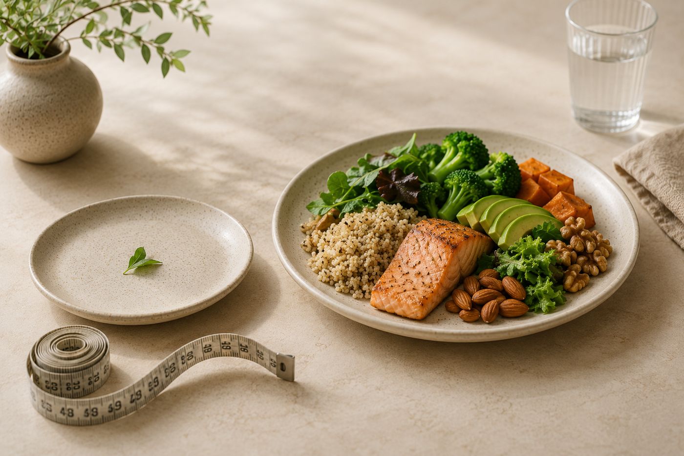 Plato de pescado a la plancha con quinoa, aguacate, camote y vegetales verdes junto a una cinta métrica, ejemplo de porción equilibrada para bajar de peso
