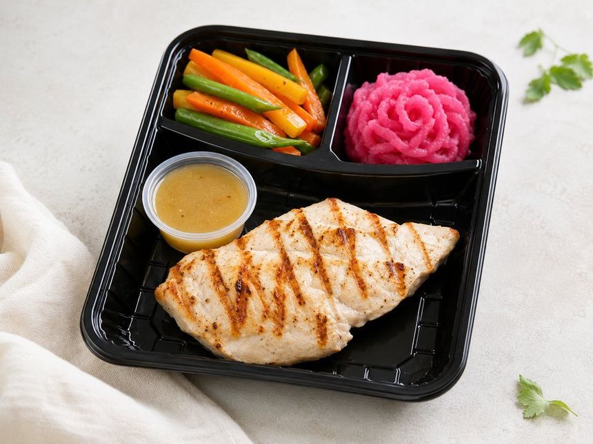Pechuga de pollo a la plancha con vegetales y guarnición