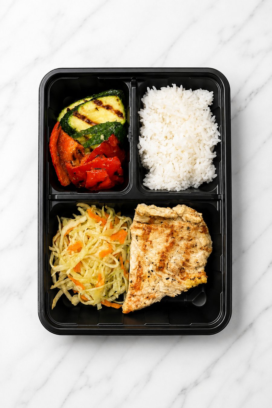 Proteína a la plancha con arroz y vegetales asados