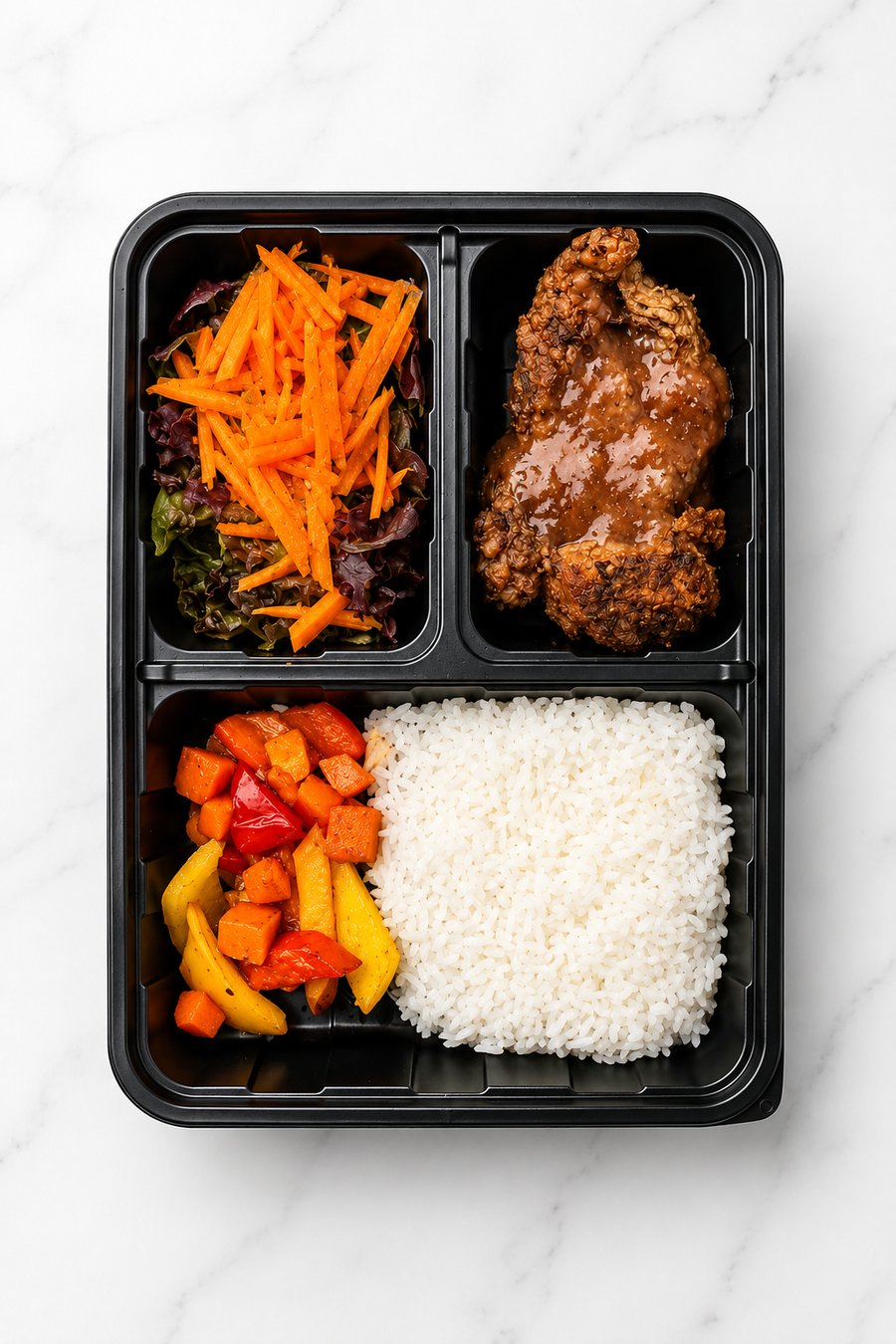 Preparación con salsa casera, vegetales y arroz