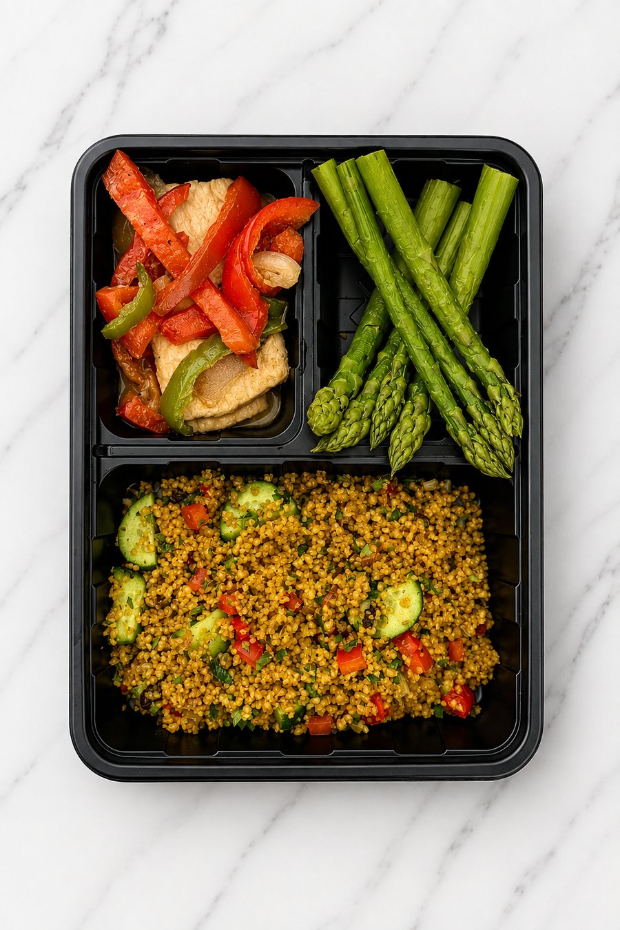 Opción de origen vegetal con tofu, espárragos y bulgur