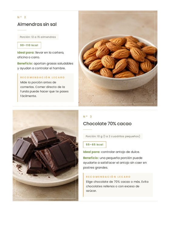 Página interior: tarjetas de snacks con foto y porción